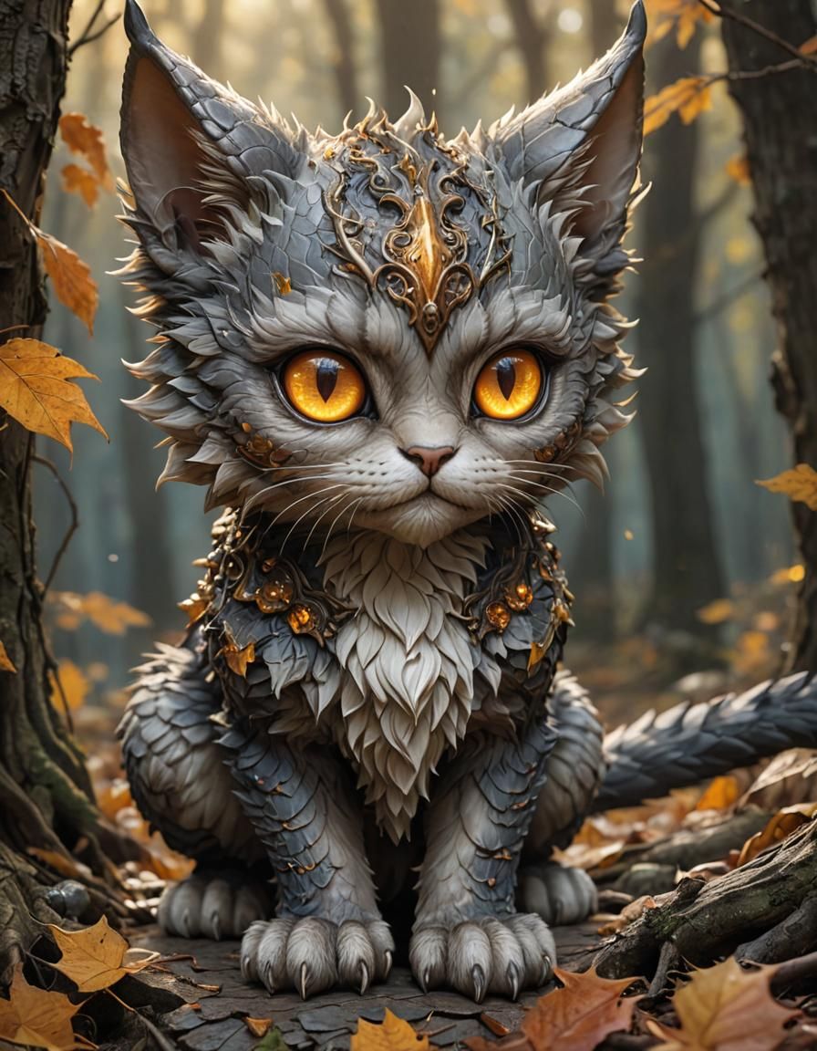 Autumn Forest Chibi Cat-Dragon: Hyper-Detailed Digital Art