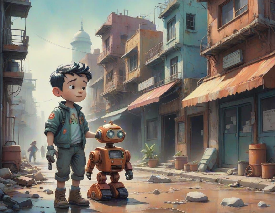 Chibi Boy and Robot in Retro-Futuristic City