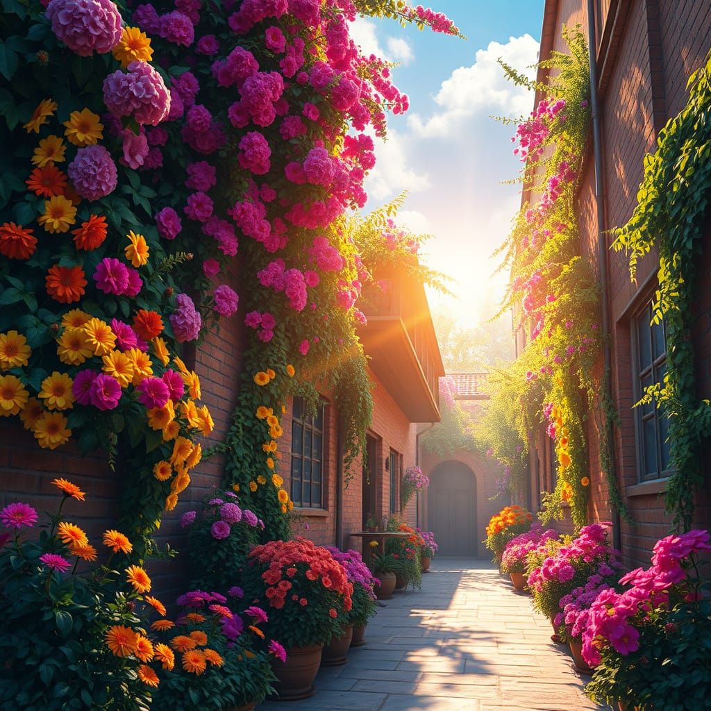 A vibrant, sunlit alleyway brimming with colorful flowers. Brick walls are adorned with lush greenery, creating a serene...