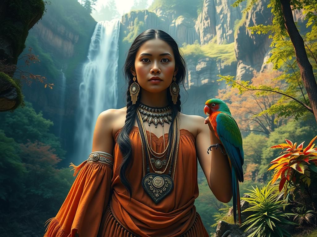 Woman with Hummingbird in Lush Forest: Matte Painting