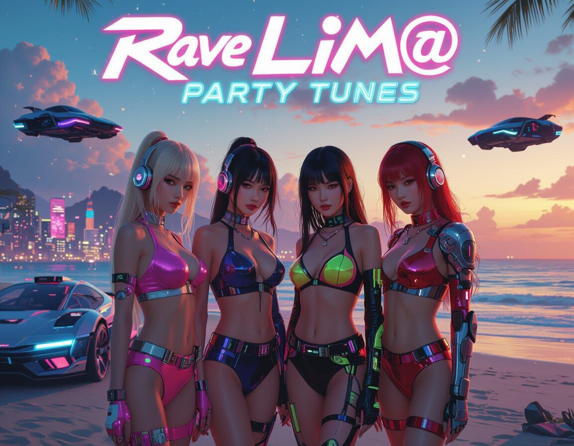 Cyberpunk Rave Girls in Neon Cityscape