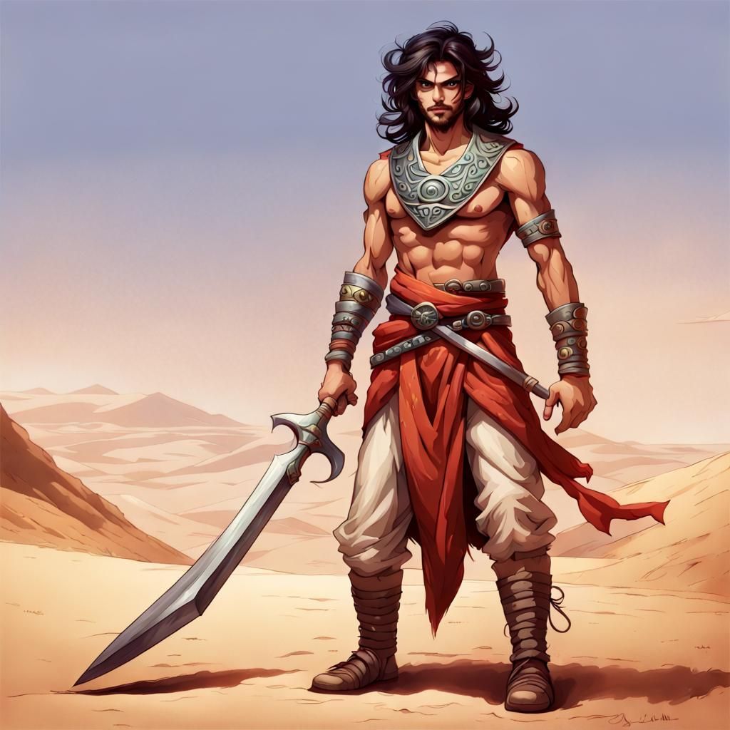 Science Fantasy Desert barbarian persian young bandit who is secretly the son of a god destined to destroy a great evil
