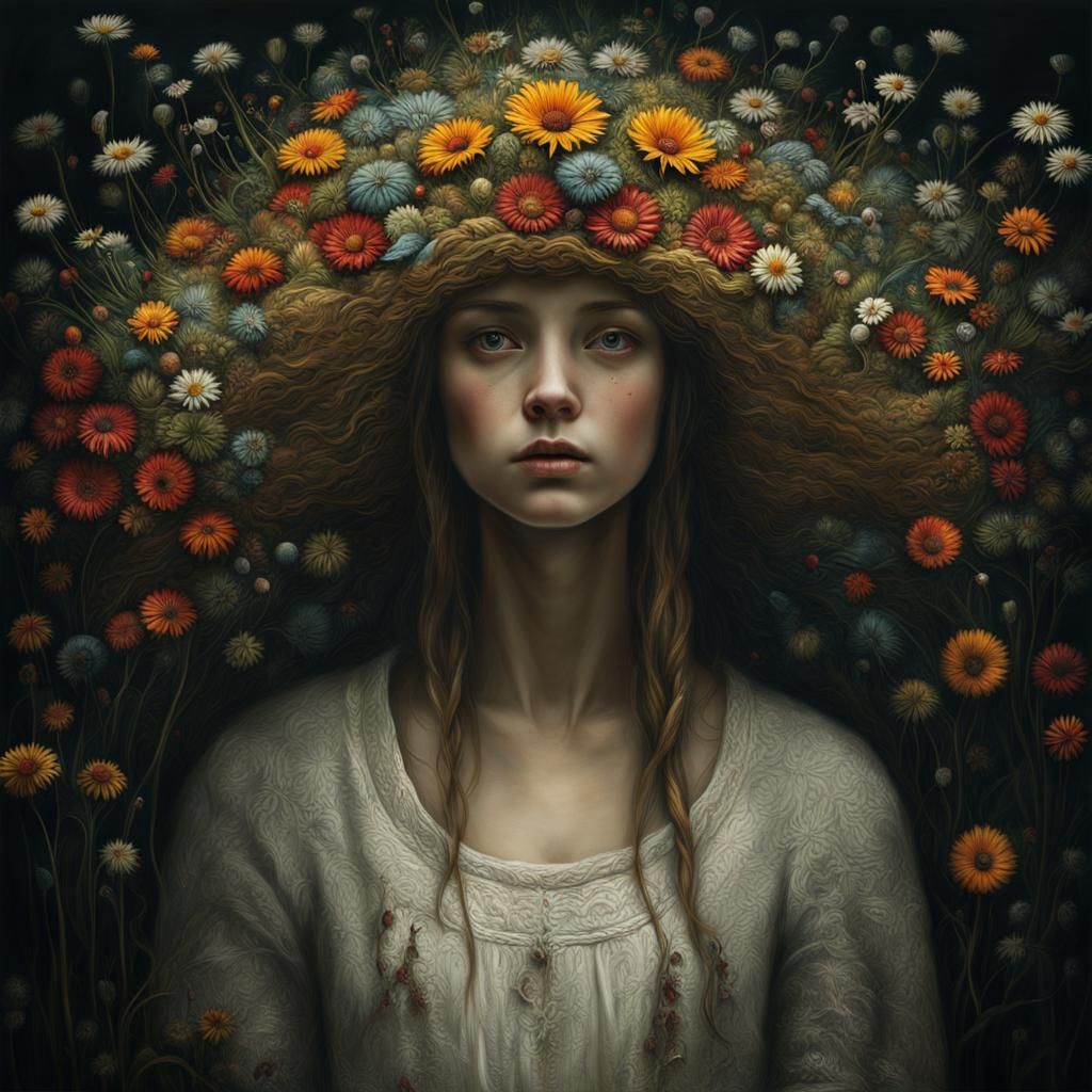 Wildflower Woman: Detailed Mixed-Media Portrait