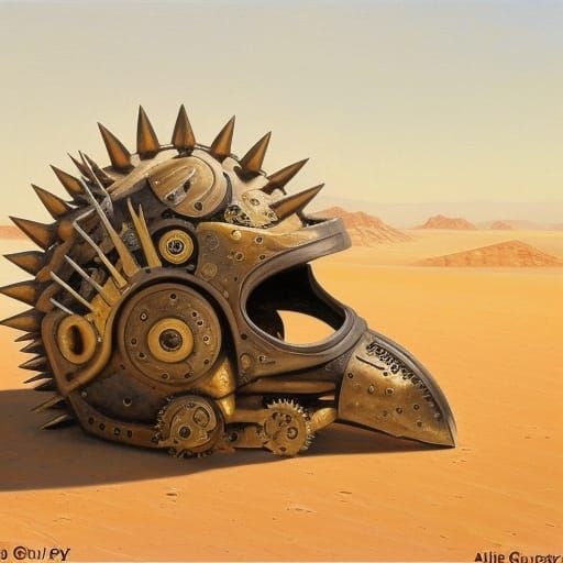 Mechanical Fantasy Helmet in Desert Oil Painting