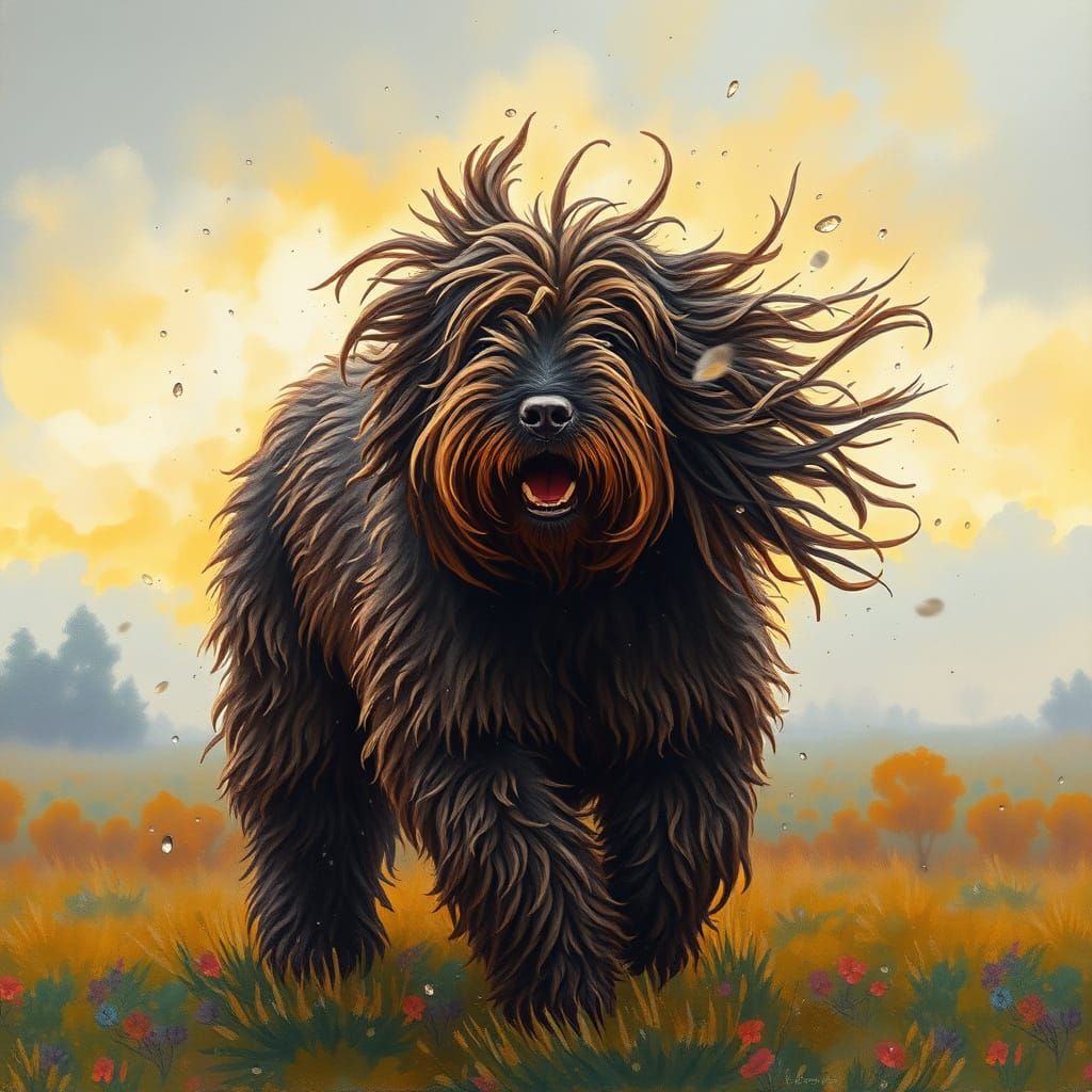 Giant Brown Puli Dog Shakes Wet Fur in Twilight