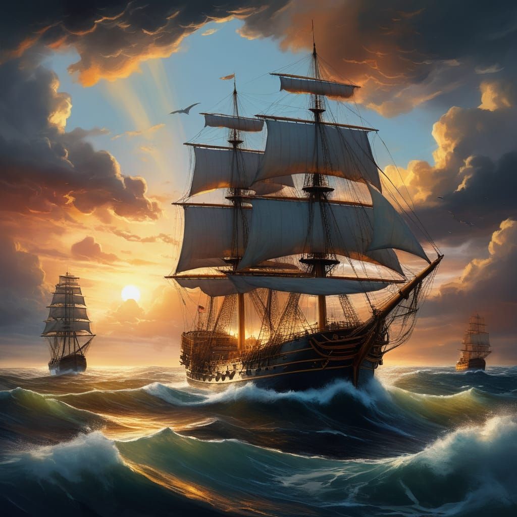 Stormy Sunset at Sea in Vibrant Colors and Dramatic Shadows