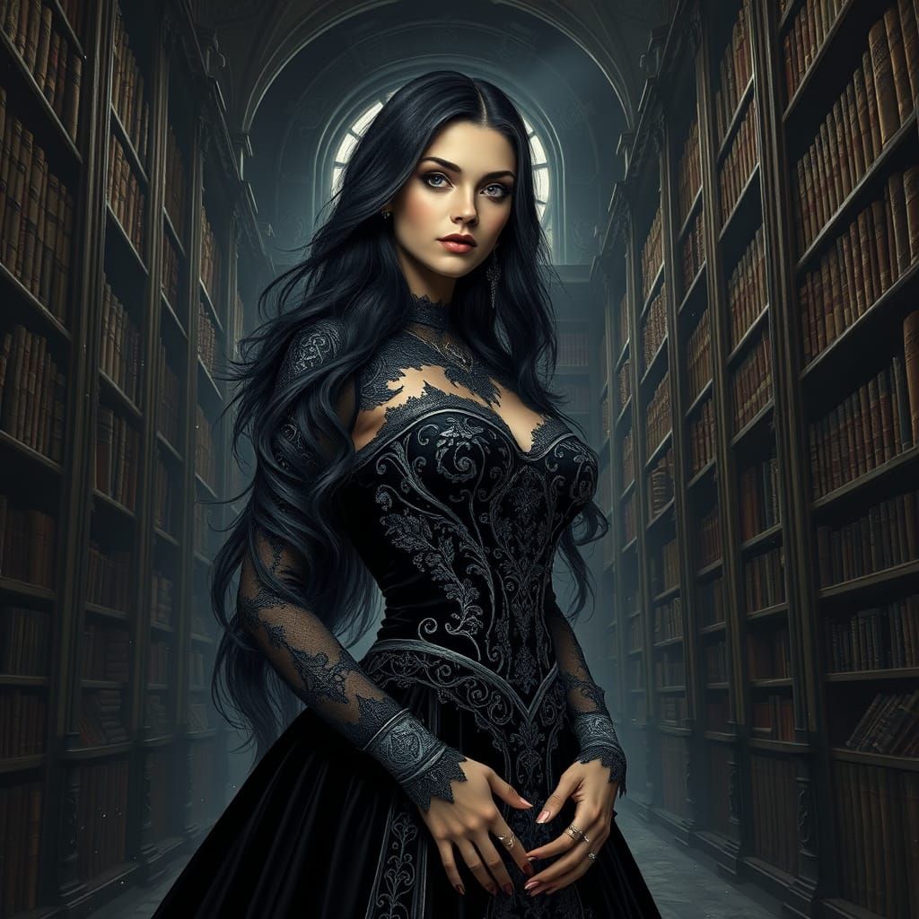 Gothic Woman in Decaying Library, Hyperrealistic Art