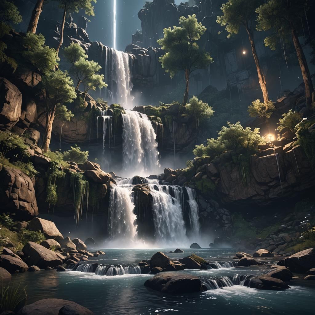Night Waterfall in Moonlight: 3D Game Cinematic
