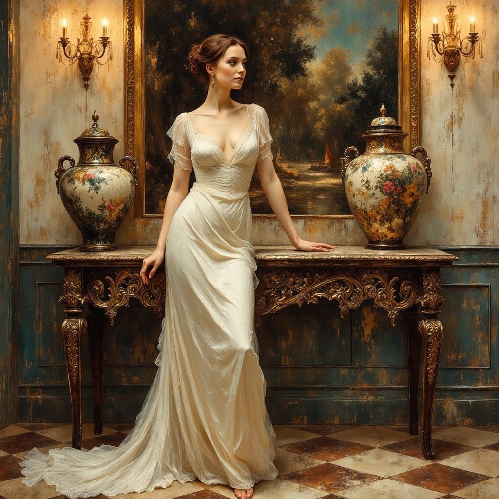 Opulent Realism Portrait of a Woman by Ornate Table