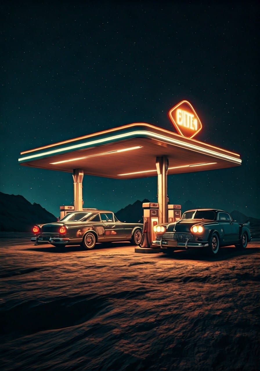 Retro-Futuristic Gas Station on Asteroid in Space