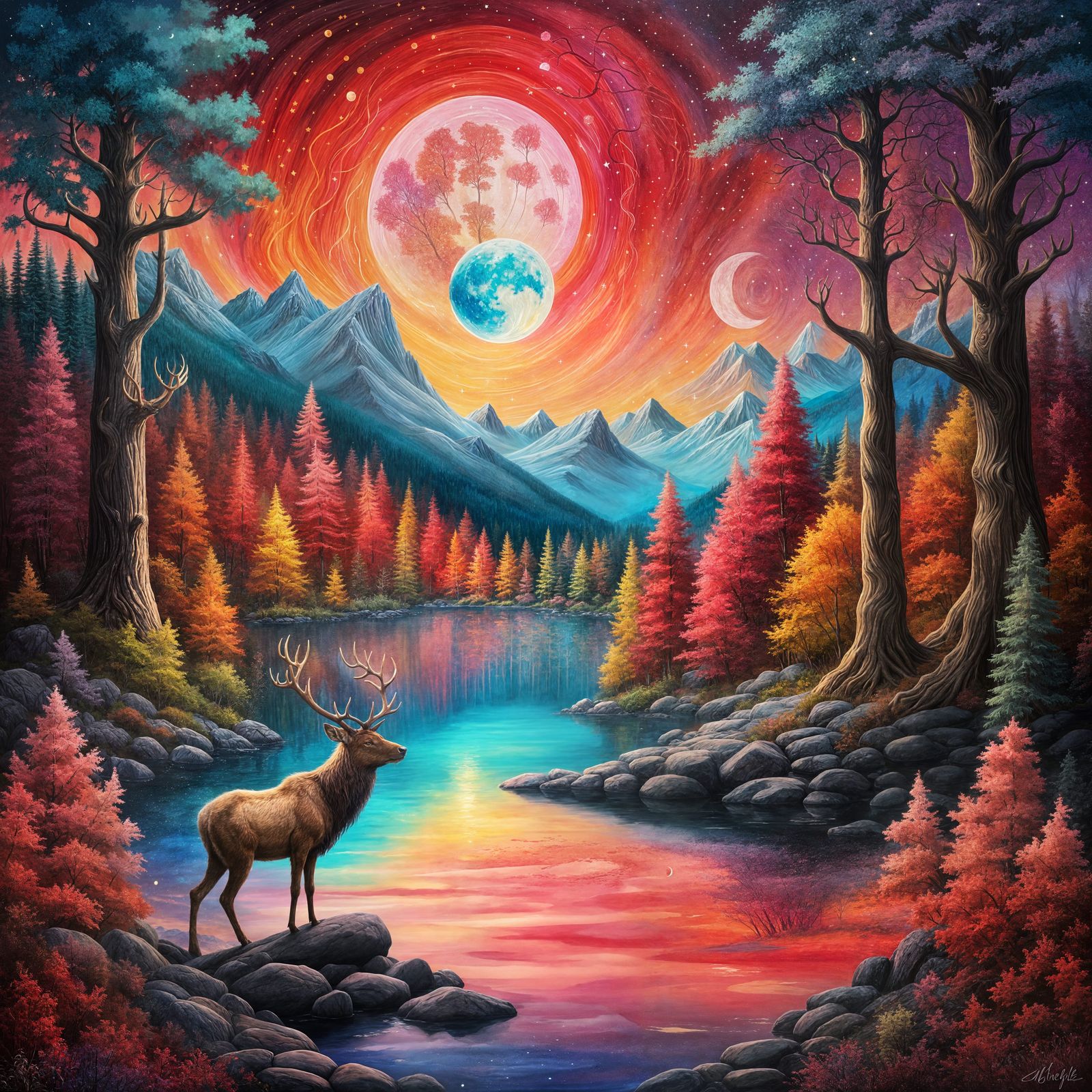 Fantasy Forest Painting with Elk and Rainbow Lake