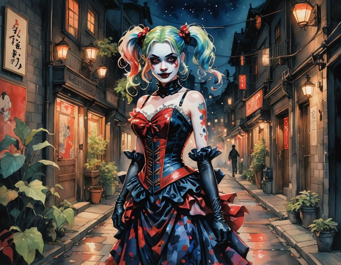 Harley Quinn in Alley: Impressionist Watercolor Painting