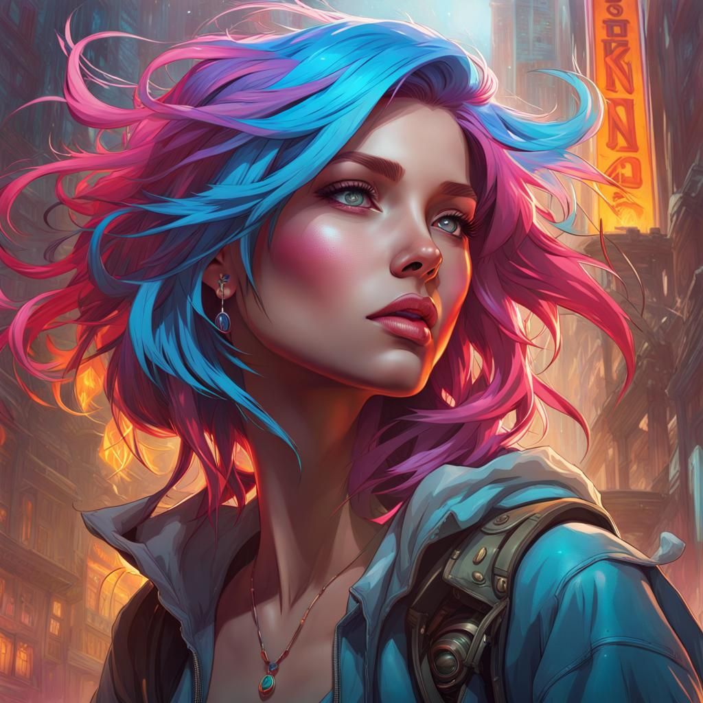 Colorful Haired Girl in Collapsing World, Detailed Portrait
