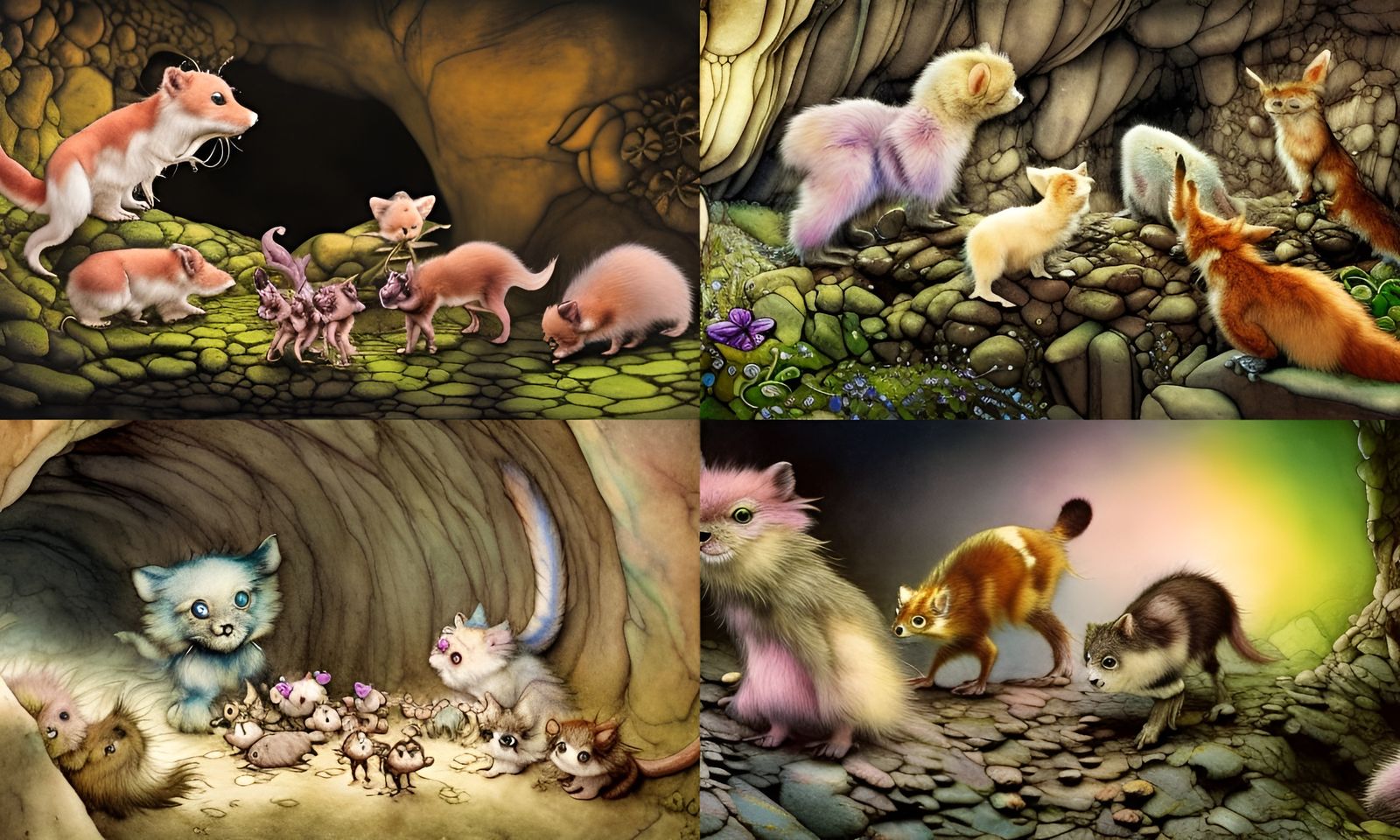 Furry Animals Grooving in Cave, Iridescent Aquarel