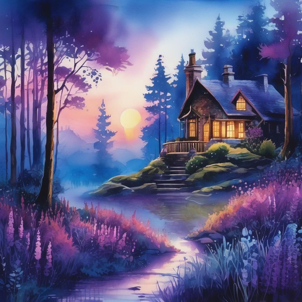 Enchanted Twilight Forest Landscape in Watercolor Style