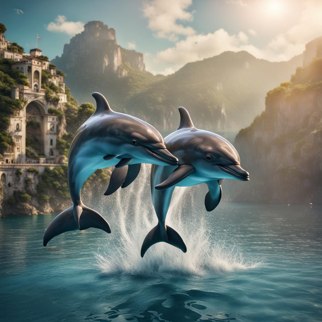 Dolphins Kissing near the Amalfi Coast in Digital Painting