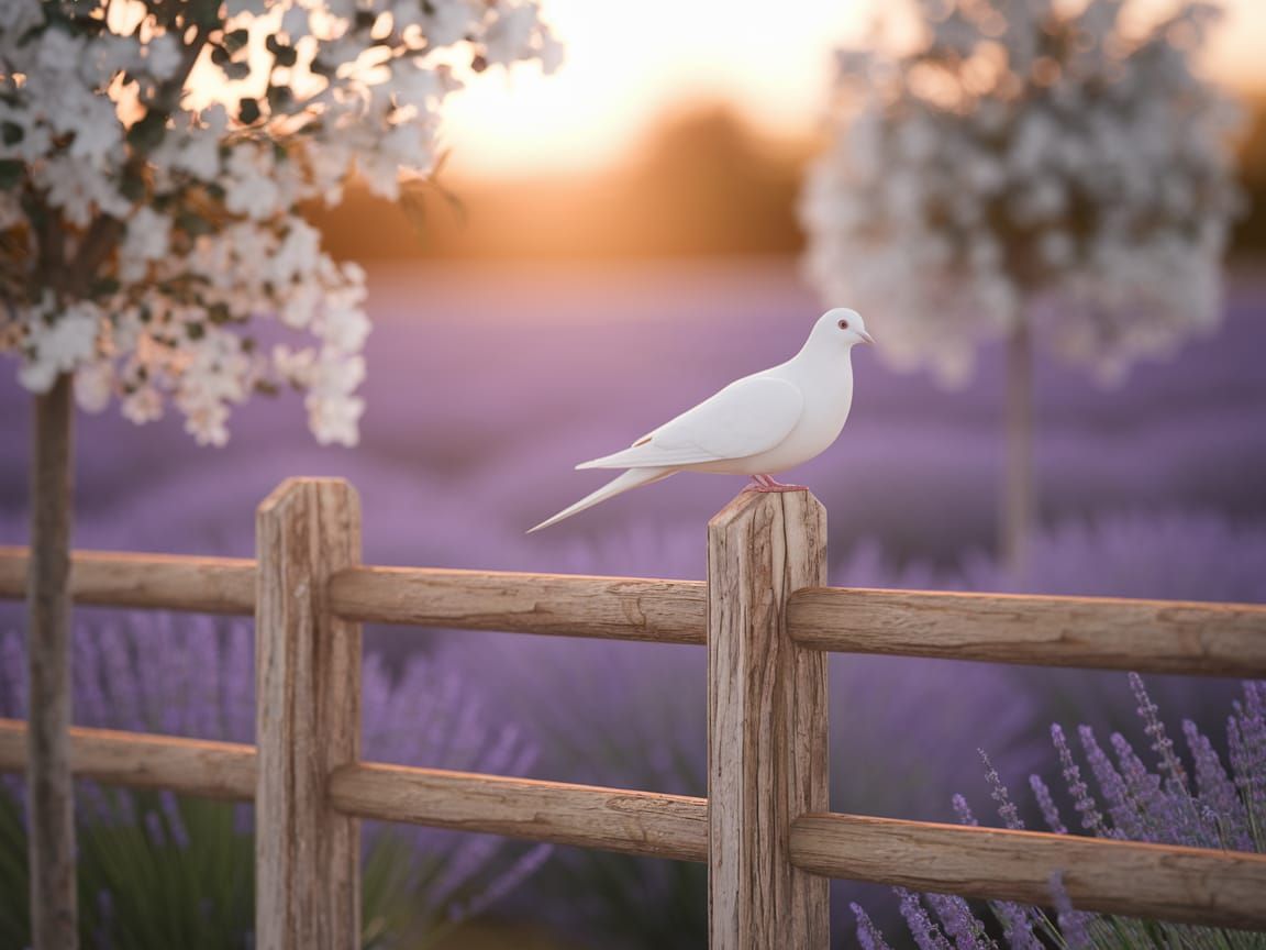 Dove in Lavender Field at Sunset