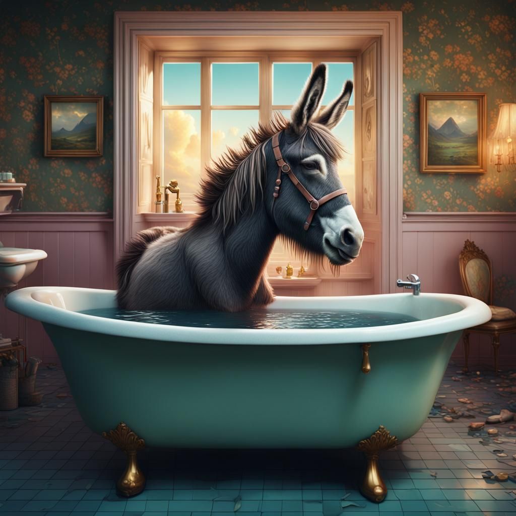 Donkey with Wig in Bathtub: Digital Matte Painting
