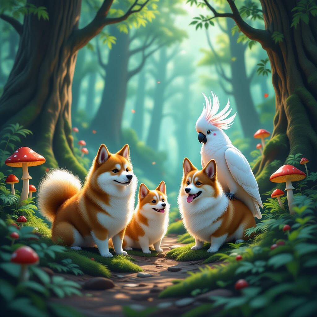 Shiba Inu, Corgi, and Cockatoo in Enchanted Forest