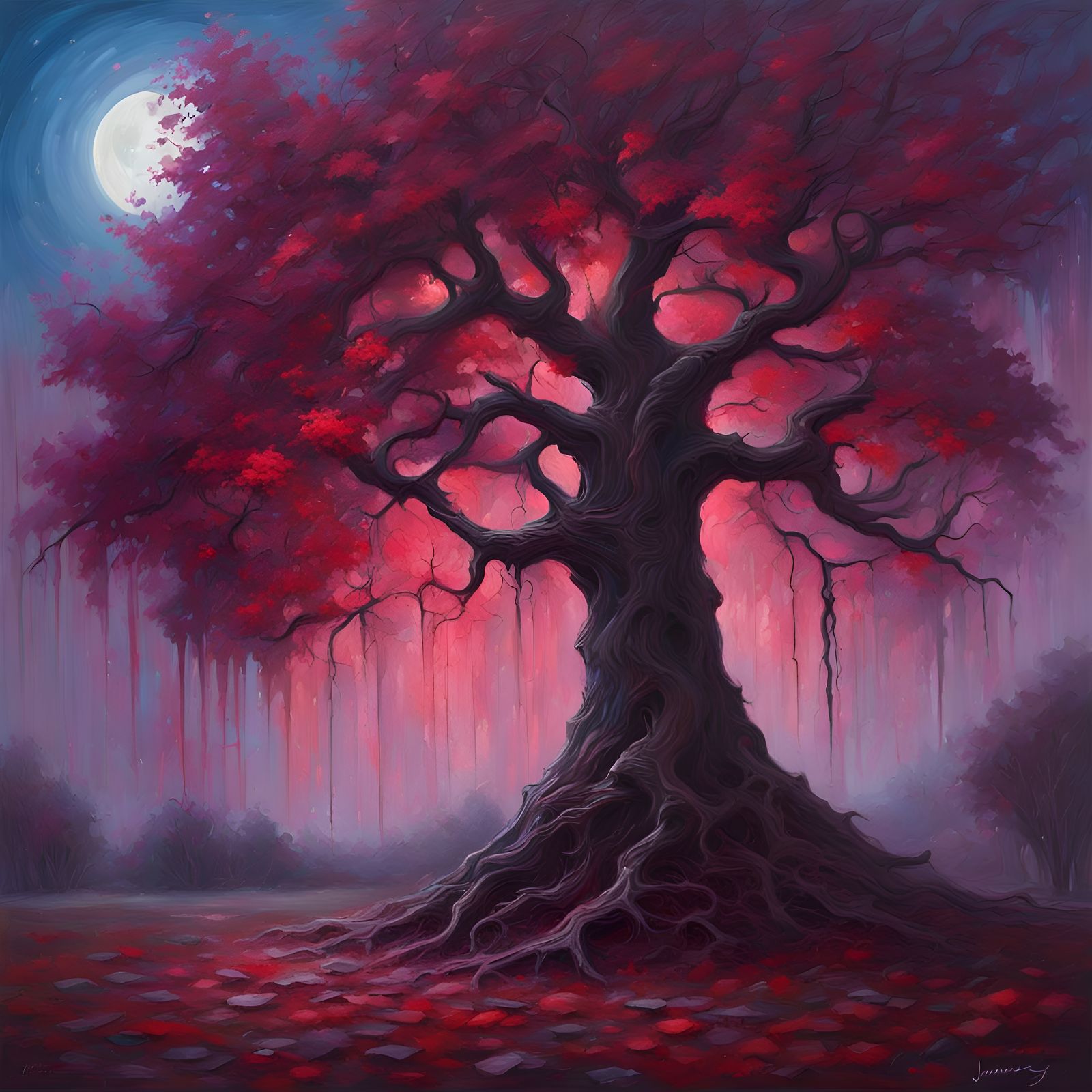 Gothic Tree with Moonlight in Oil Painting Style