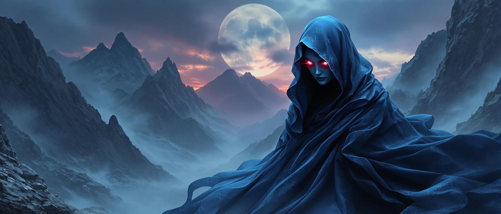 Mysterious Mountain Goddess in Dark Blue Cloak, Amidst Twili...
