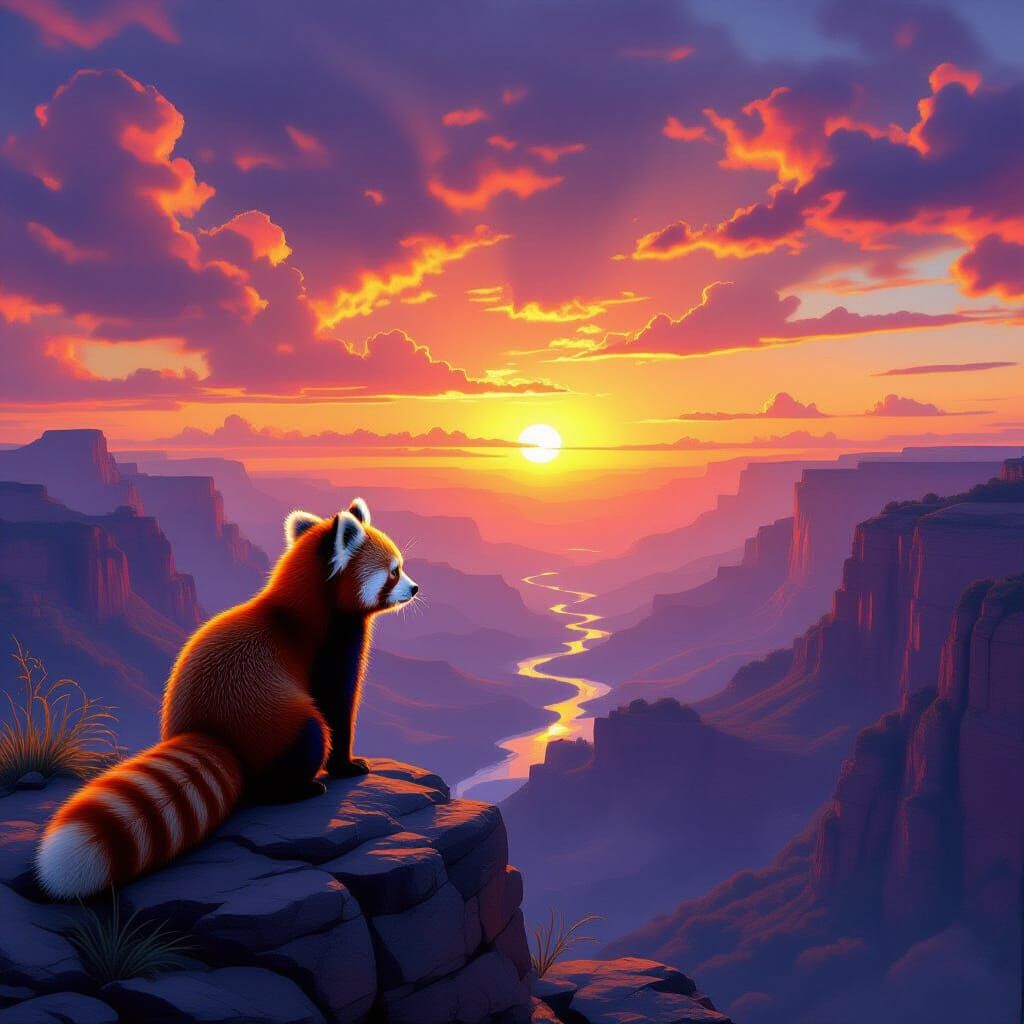 Red Panda Overlooks Vibrant Canyon at Sunset