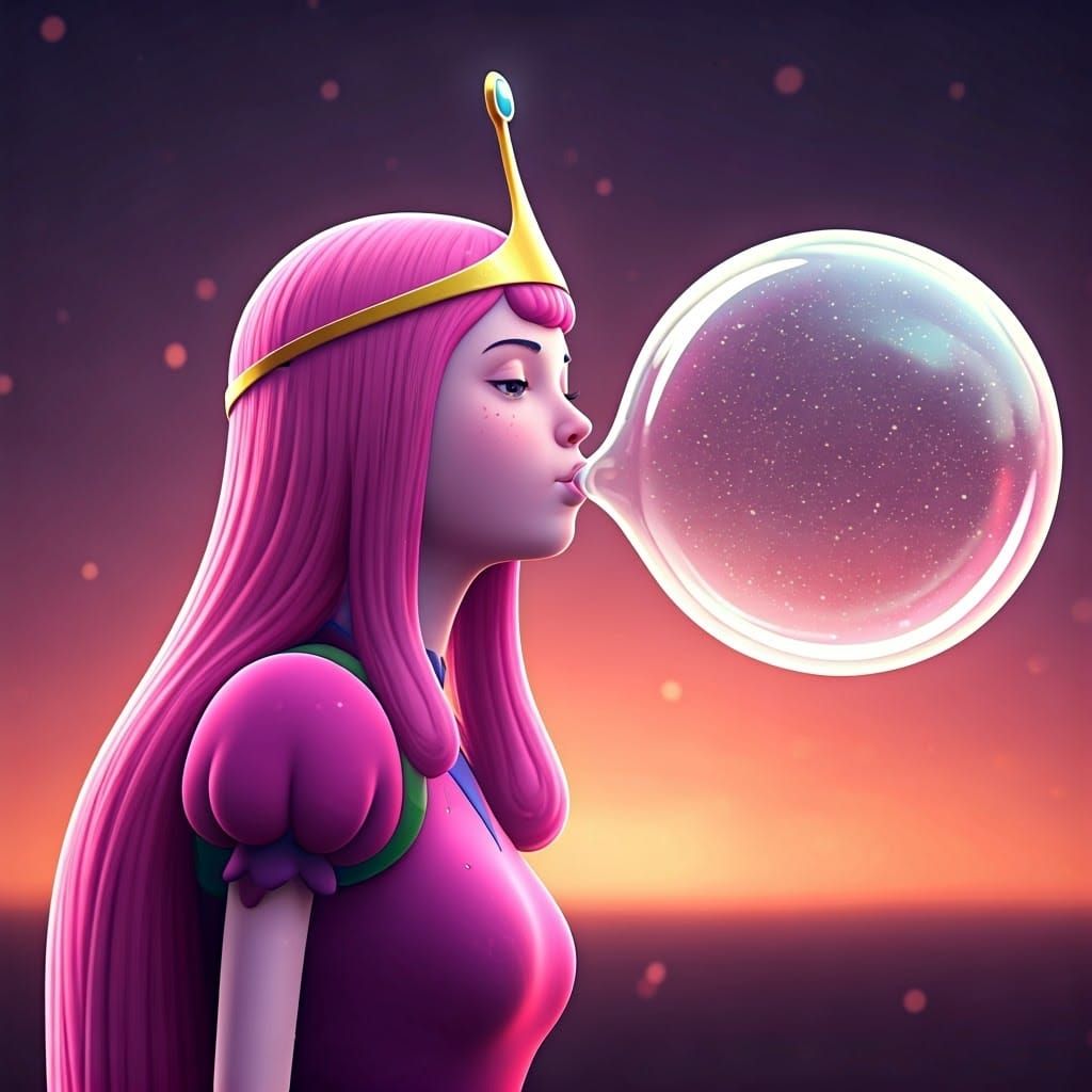 Princess Bubblegum Blows a Shimmering Bubble in Hyperrealist...