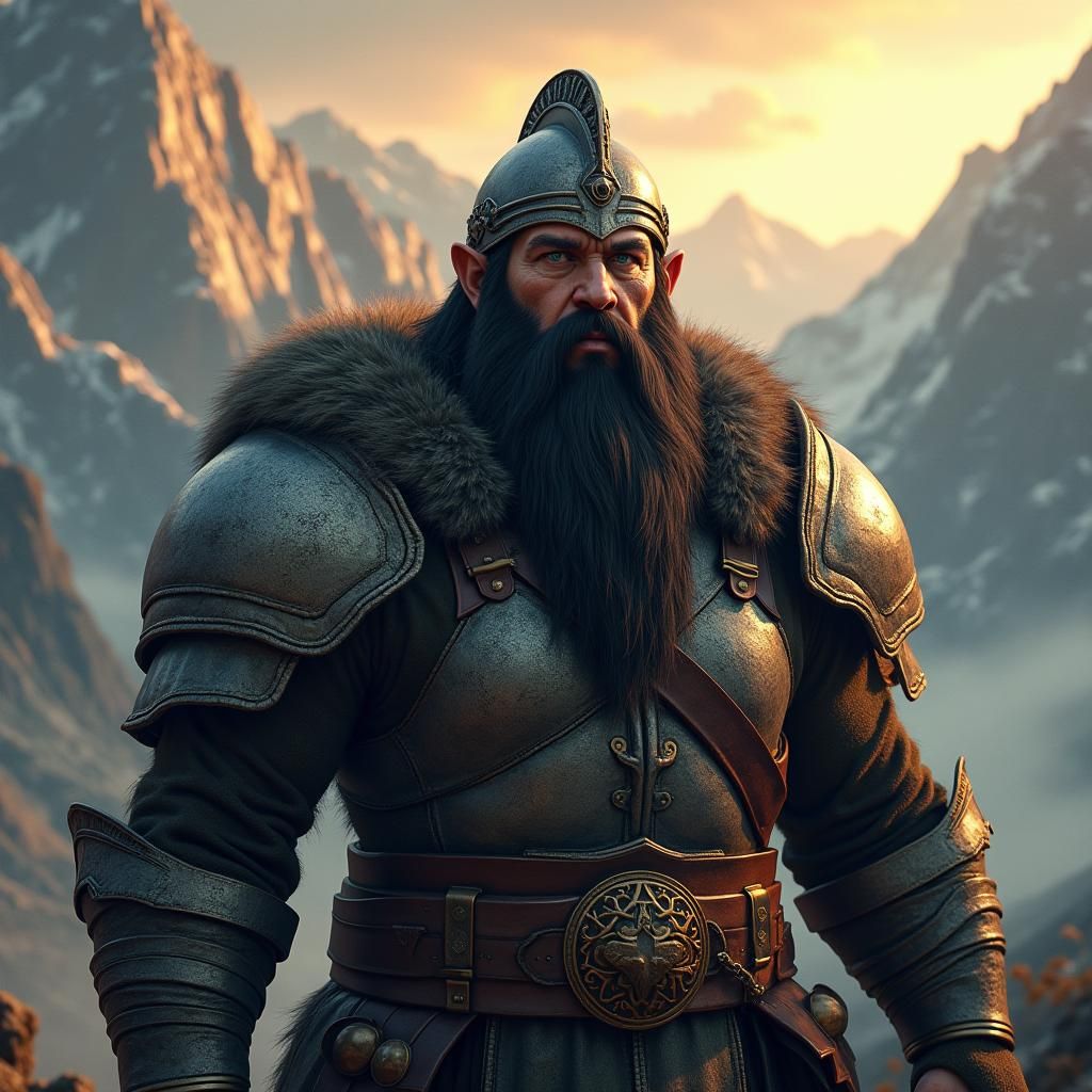 Mountain Dwarf Warrior in a Dark Fantasy Landscape