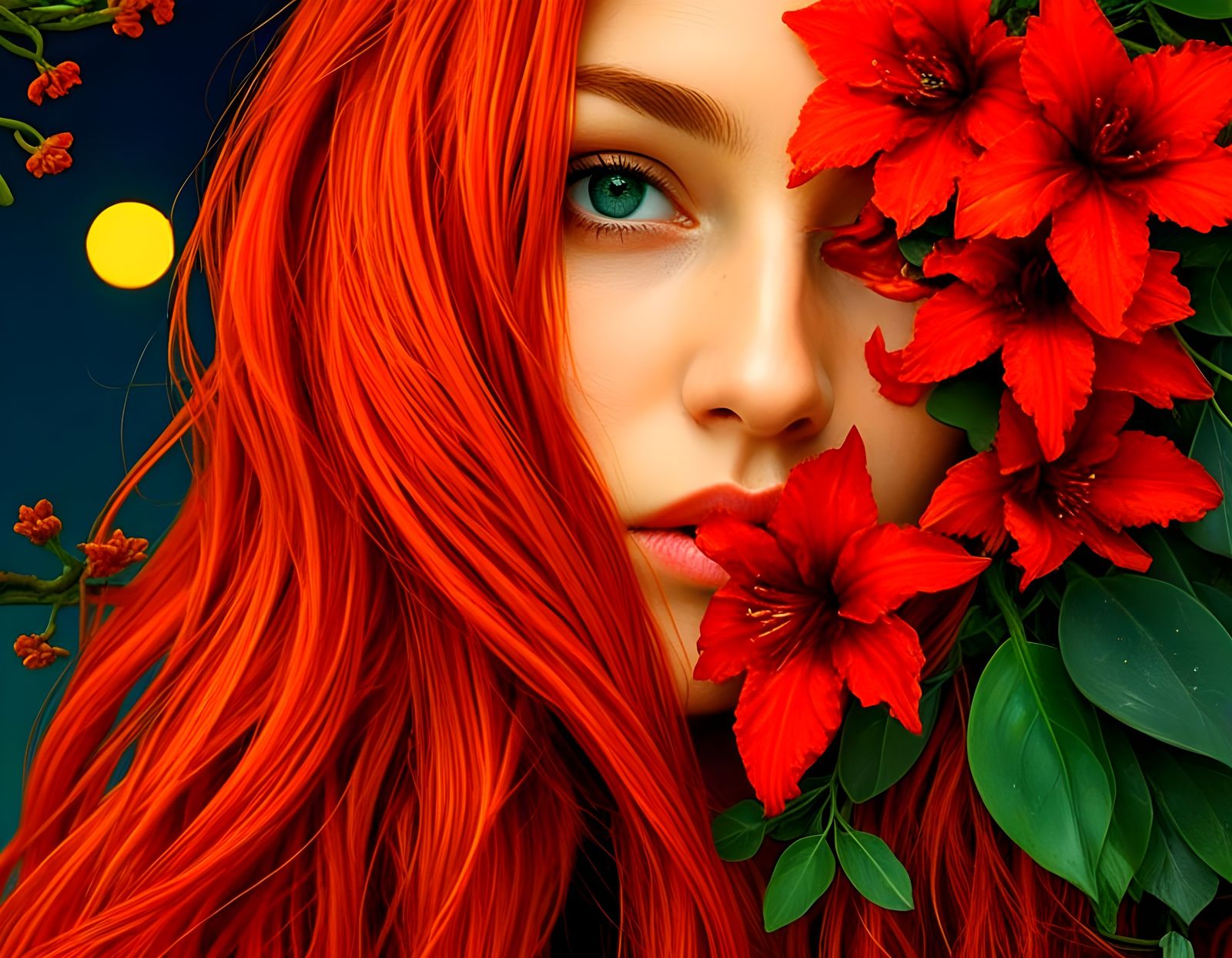 Vibrant Lady with Glowing Jade Eyes and Ginger Hair