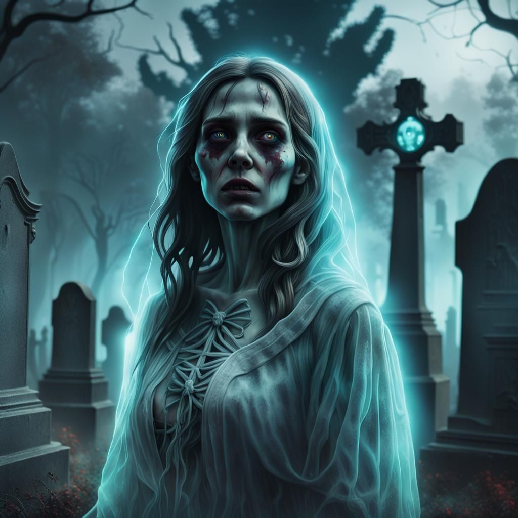 Eerie Ghost in Haunted Cemetery with Bioluminescent Fog