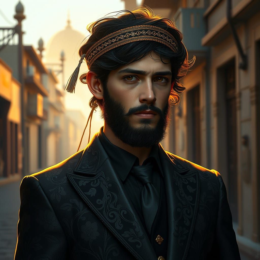 Majestic Haredi Man in Golden Light, with Intricate Floral M...