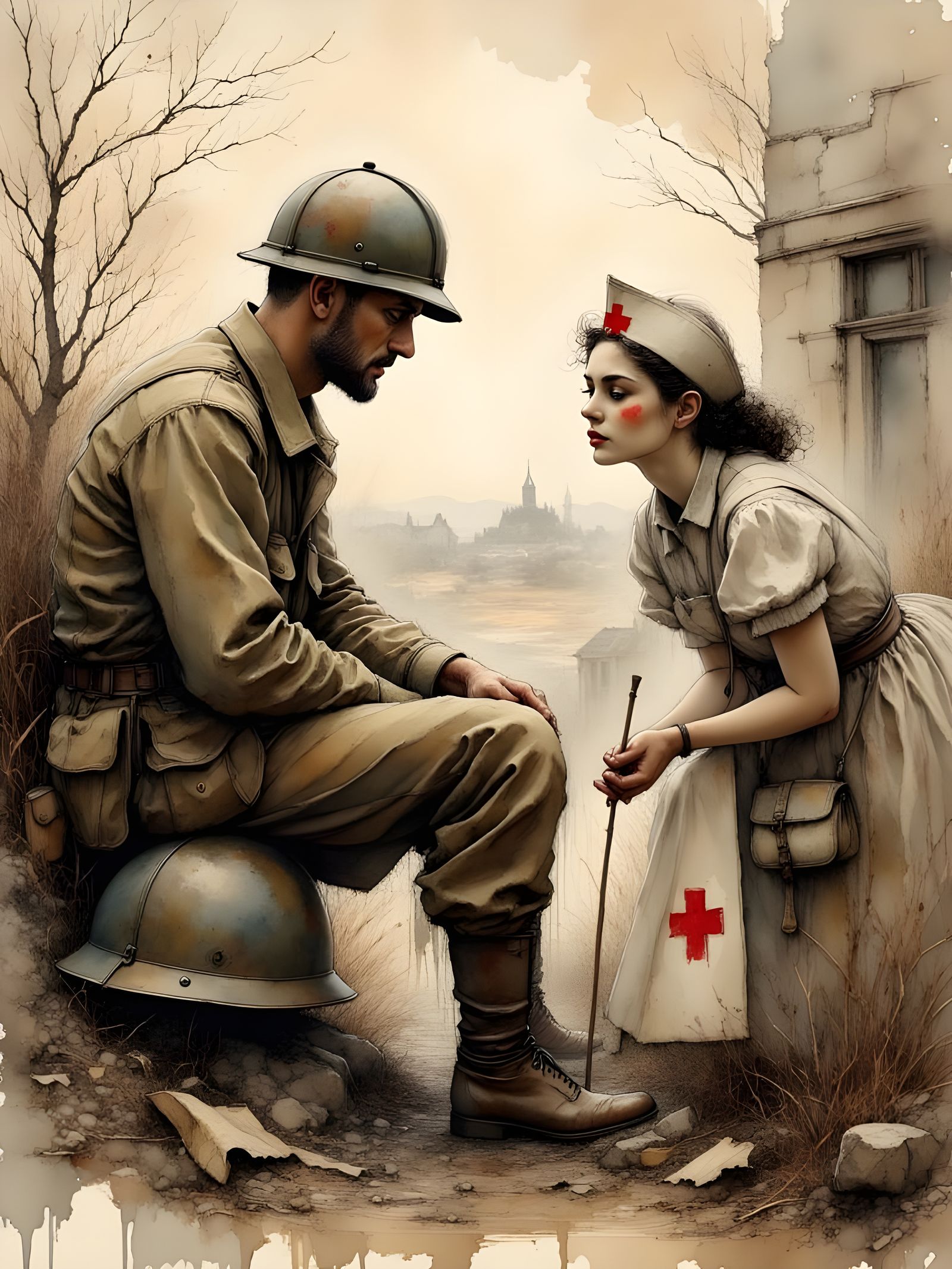 Red Cross Flag Planting Aftermath in Rockwell Style