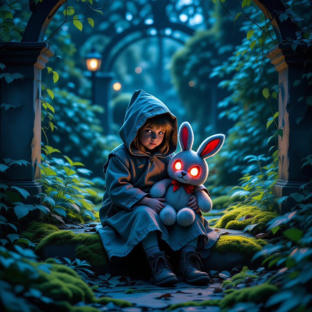 Lost Child in Bioluminescent Garden, Art Nouveau Style