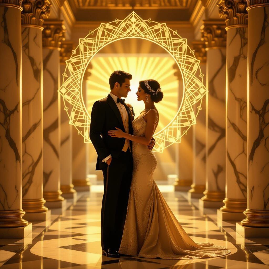 Elegant Couple in Art Deco Style with Golden Halo