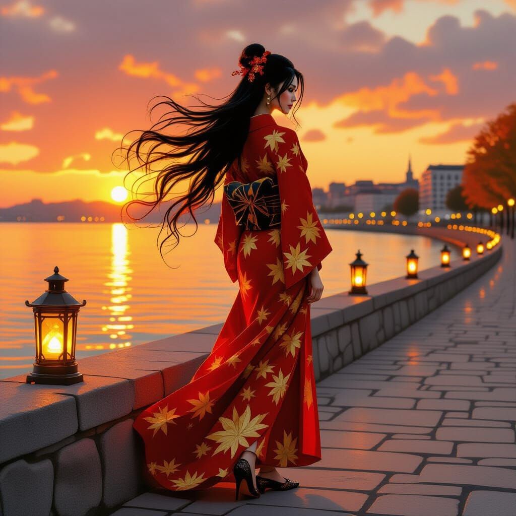 Woman in Fiery Red Kimono at Amber Sunset, Futurism Style