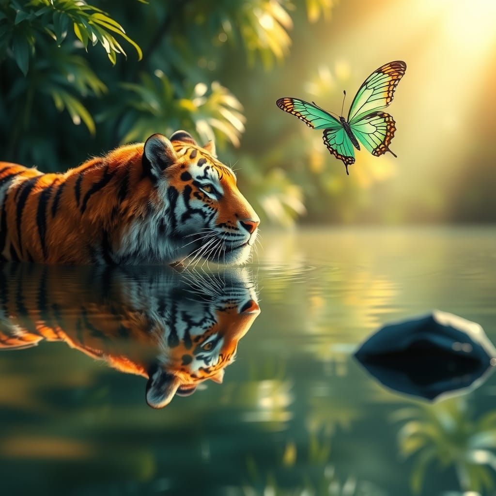 Tiger Reflection with Green Butterfly, Impressionistic Style