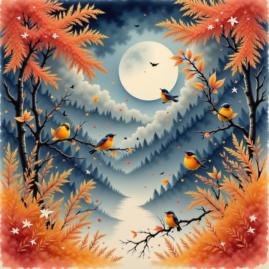 Harmonious Birds at Sunset in Japanese Inksplash Style