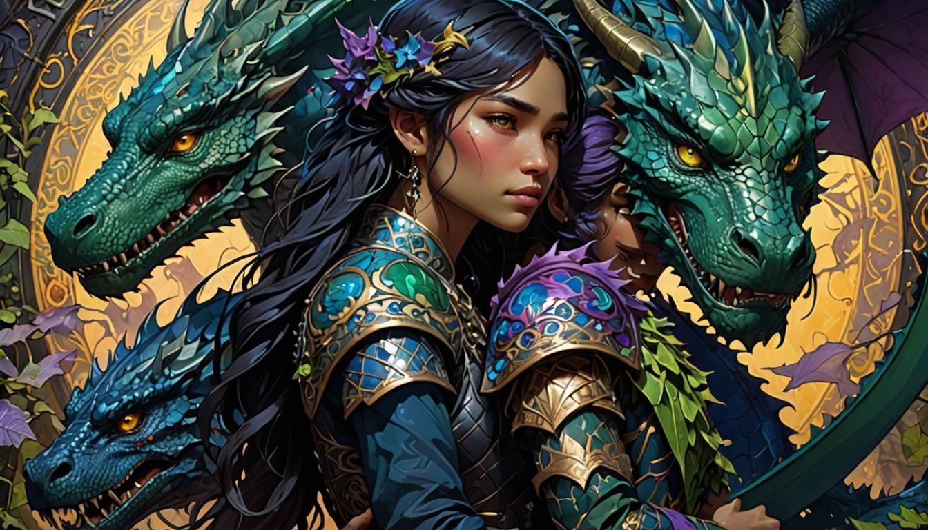 Dragon's Embrace: Dark Fantasy Art Nouveau Illustration