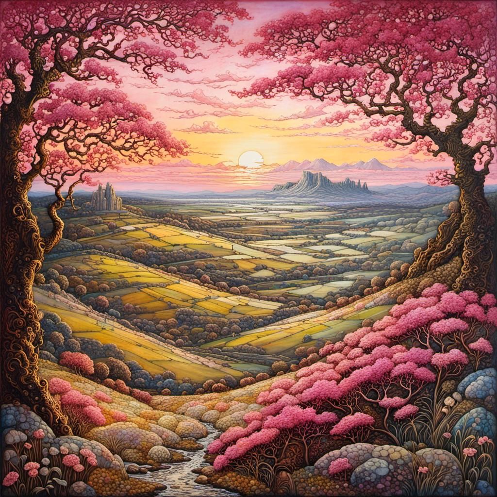 Encaustic Irish Landscape in Pink Evening Light