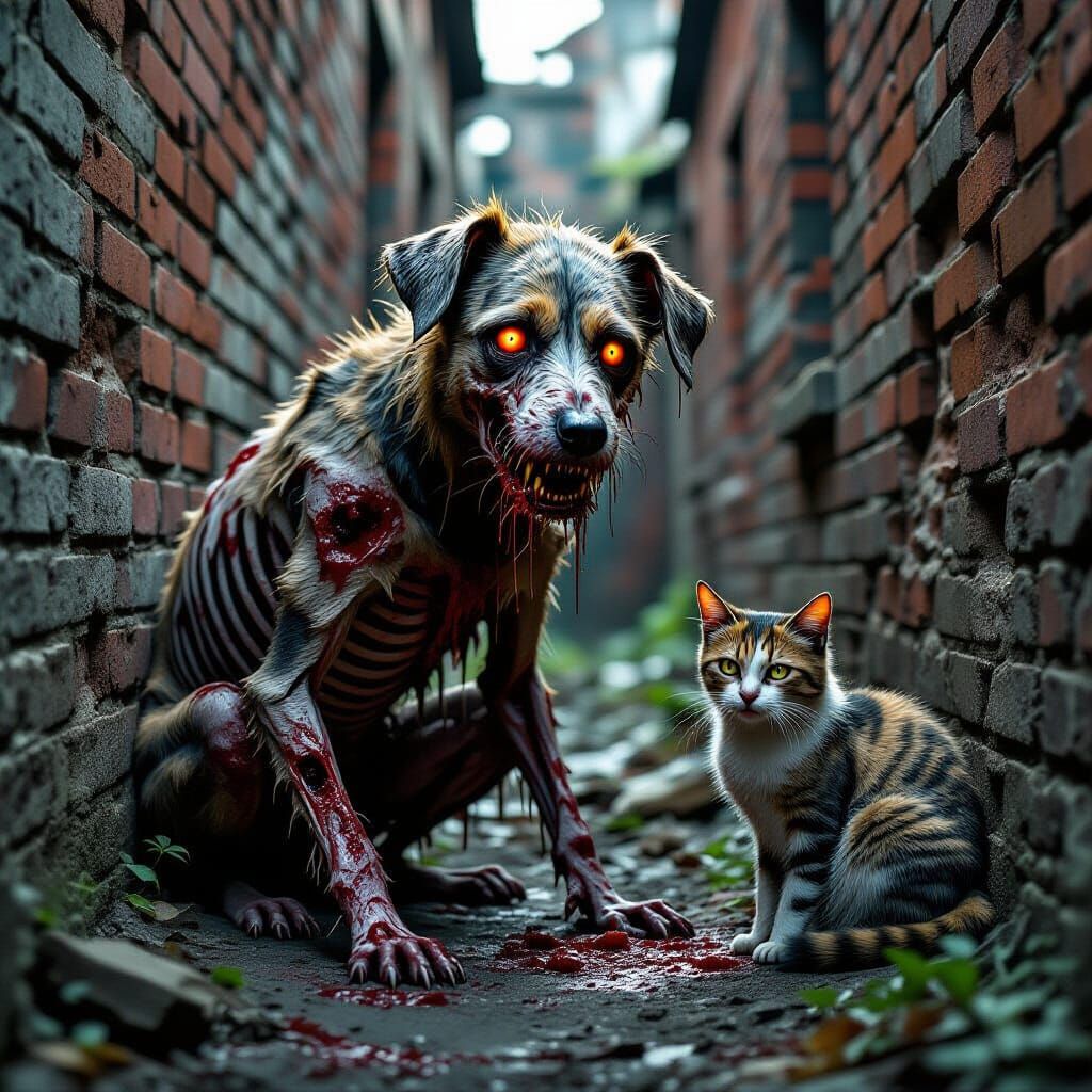 Gruesome Zombie Dog and Cat in Ruined Alley