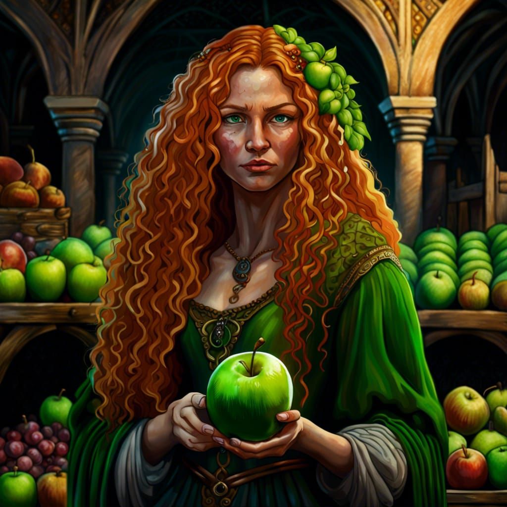 Medieval Marketplace: Woman with Apple in Hyperrealistic Sty...