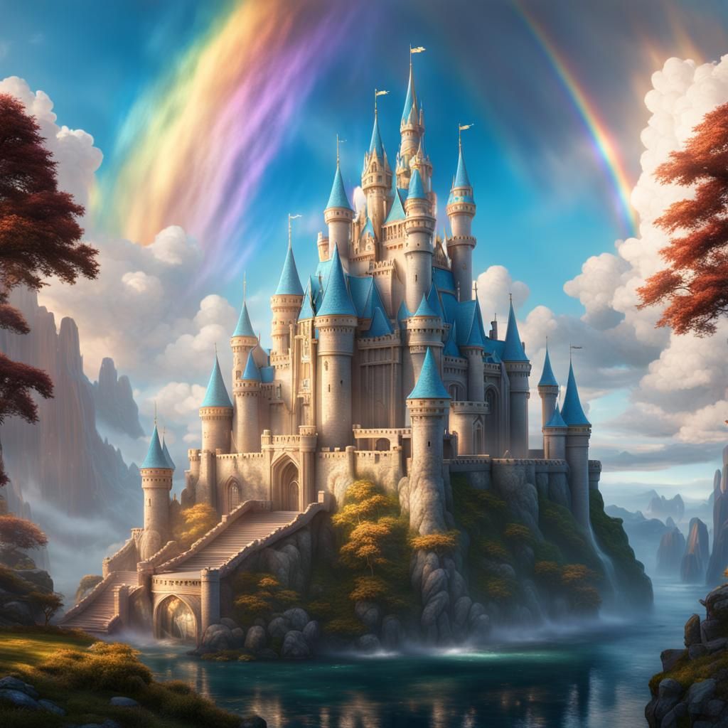 Fantasy Princess Castle with Rainbow Clouds
