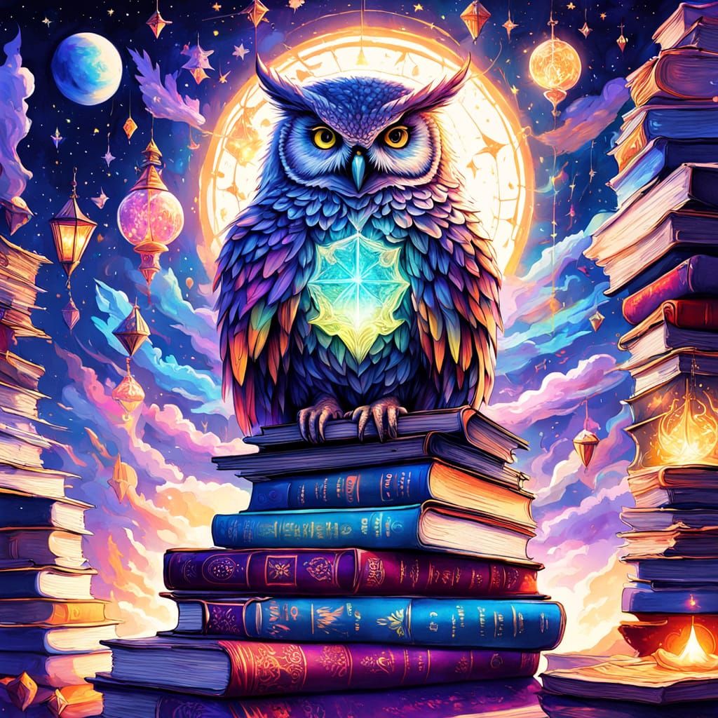 Owl Librarian in Cosmic Surrealism Style