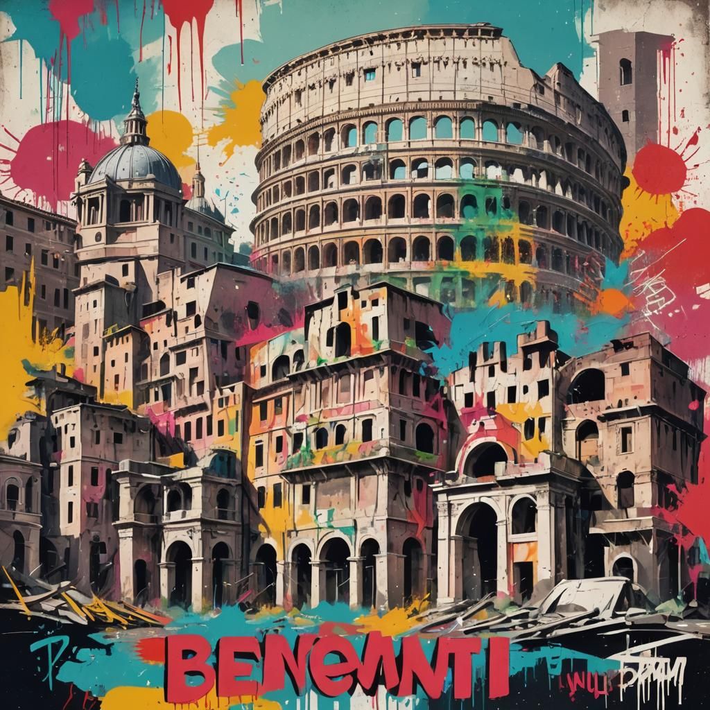 1950s Rome Landmarks in Brutalist Graffiti Style