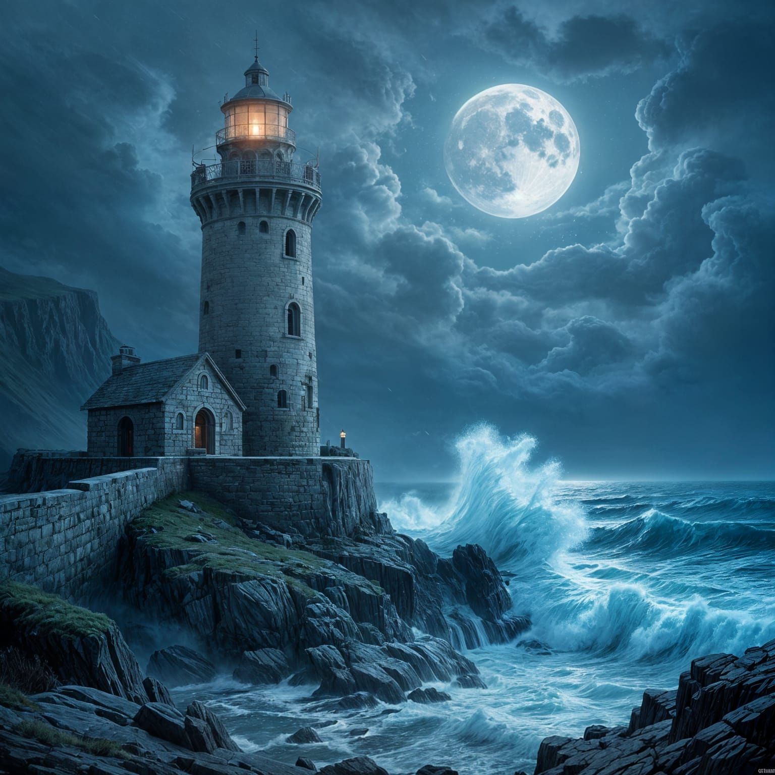 Moonlit Lighthouse Against Stormy Seas