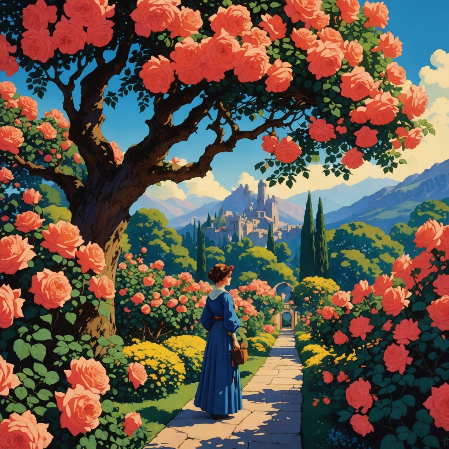 Anime Rose Garden in Maxfield Parrish Style