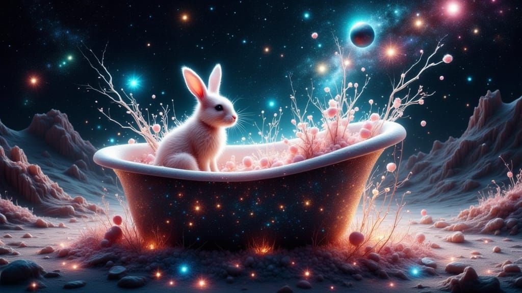 surreal scene with a pink rabbit taking a celestial bath