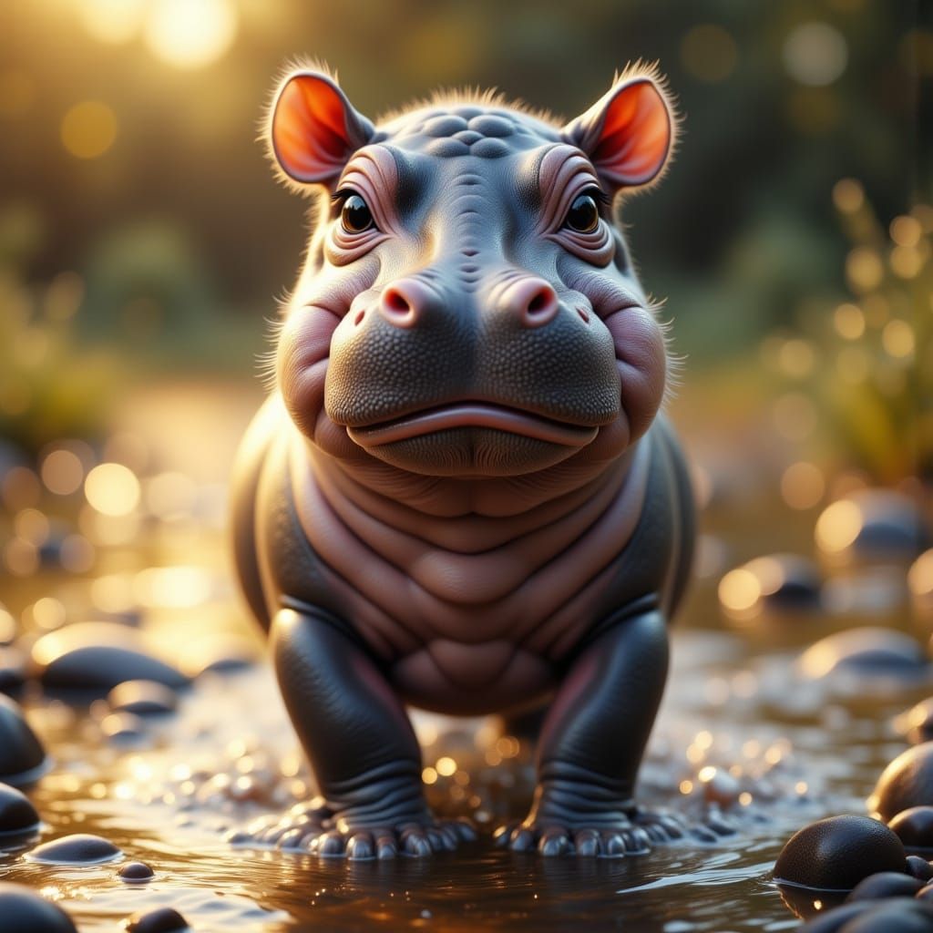 Photorealistic Baby Hippo in Golden Hour Light