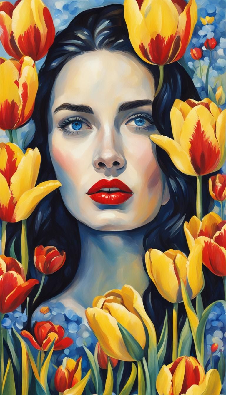 Dreamlike Portrait of a Brunette with Tulips