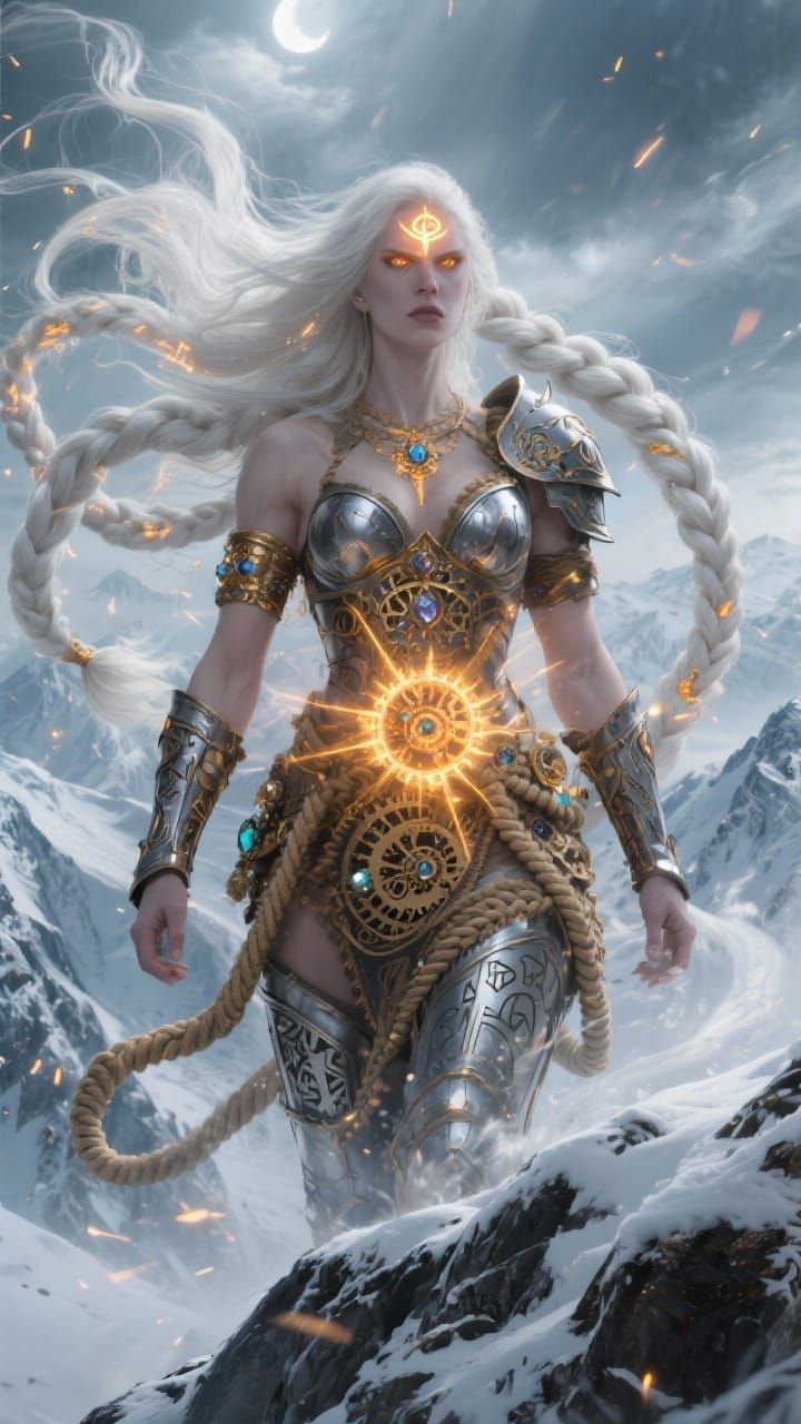 Warrior Goddess on Snowy Peaks in Cinematic Style